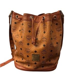MCM Visetos Cognac Brown Drawstring Leather Bucket Shoulder Bag (Germany)